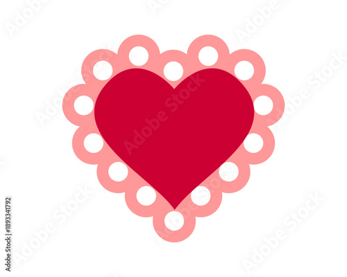 Paper or textile red heart shape with pink ruffled borders. Template for Valentine Day card, tag or label with laced edges isolated on white background. Vector flat illustration.