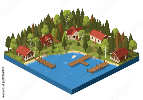 Isometric 3D view illustration of a Scandinavian-inspired lakeside landscape with forests, wooden houses, docks, calm water, and cloudy sky scenery