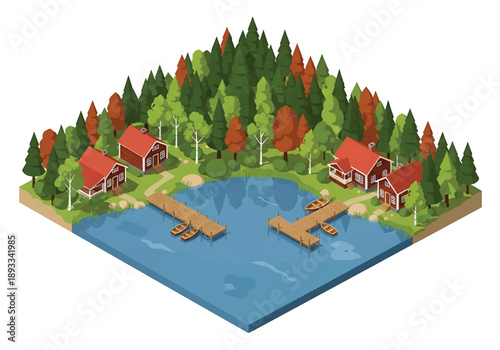Isometric 3D view illustration of a Scandinavian-inspired lakeside landscape with forests, wooden houses, docks, calm water, and cloudy sky scenery