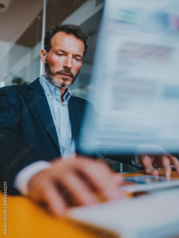 Fototapeta premium Mature Businessman Using ERP Software System on Virtual Interface for Data Management and Business Process Integration in a Modern Digital Office Setting