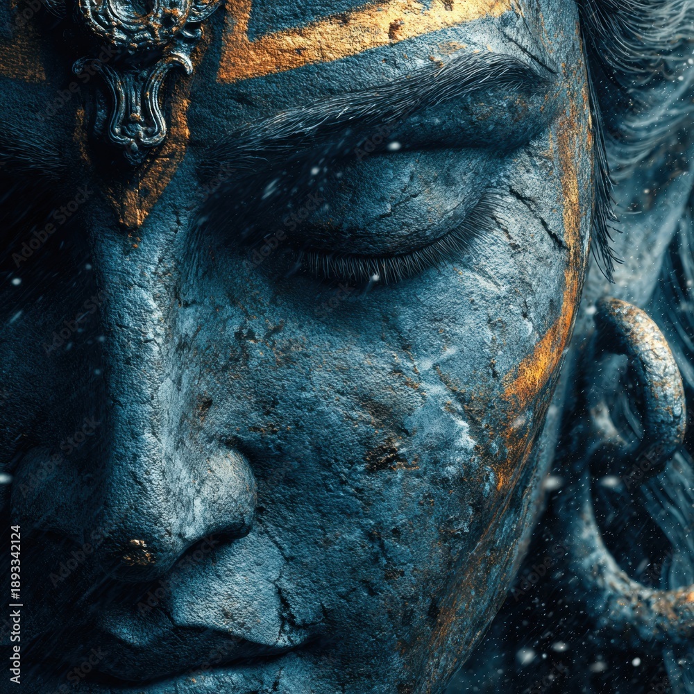 Obraz premium Close Up Portrait of a Serene Hindu Deity Face with Glowing Blue Skin and Gold Accents for Spiritual Mobile App Backgrounds and Traditional Maha Shivratri Content