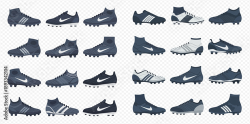 Collection of various soccer cleats and football boots in different styles and brands, isolated on a transparent background.