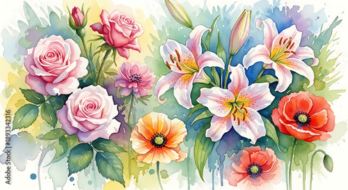 Colorful floral painting with roses lilies and wildflowers representing beauty nature and decorative botanical art