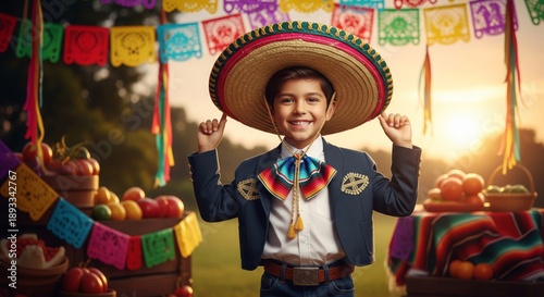 Smiling Boy in Traditional Charro Suit and Sombrero at Fiesta