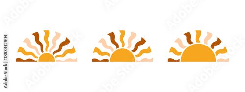 Silhouettes of half shaped suns isolated on white background. Wavy sunny rays in semi circle shapes. Sunrise or sunset signs. Summer theme print. Positive vibes concept. Vector flat illustration.