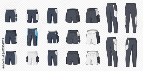 Set of sports shorts and pants for men, women, and children, vector illustration isolated on transparent background.