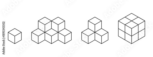 Set of cube shapes in different arrangements isolated on white background. Building block toys. Isometric cubic forms. Ice or sugar bricks, box silhouettes. Vector graphic illustration.