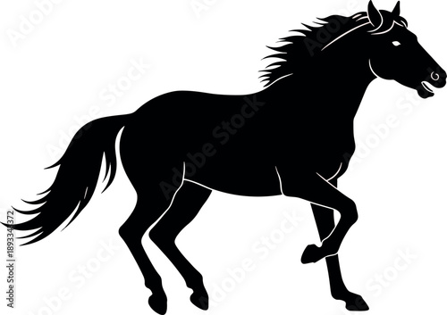 Silhouette Black Horse Running in Motion on White Background