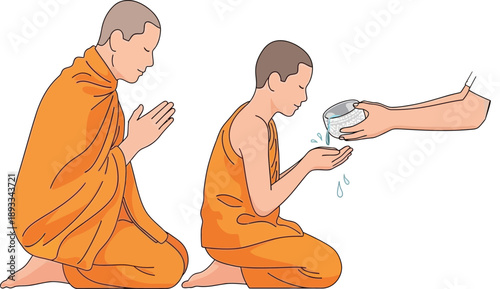 Illustration of a traditional Buddhist water pouring ritual, depicting monks performing a sacred ceremony