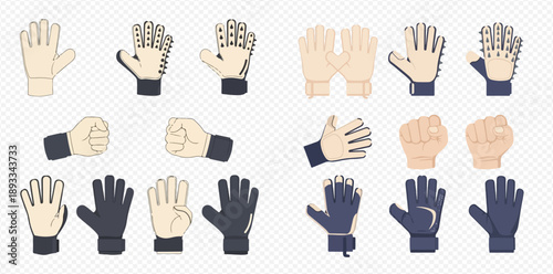 Goalkeeper gloves for football and soccer in various styles and hand positions.