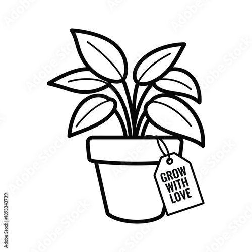 Black and white line art potted plant with grow with love tag vector