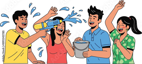 Joyful illustration of young people enjoying a spirited water fight, splashing each other with water guns and buckets.