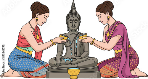 Traditional Blessing Ritual: Two Women Pouring Water Over Buddha Statue in Cultural Celebration Illustration