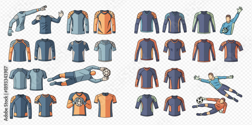 Collection of soccer goalkeeper jerseys and player actions in various colors and styles.