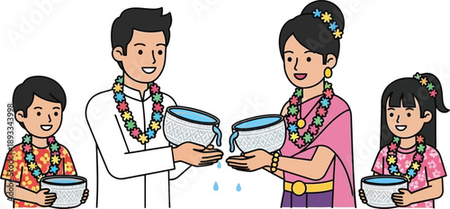 Asian family celebrating traditional water festival, pouring ceremonial water from ornate bowls in cultural blessing ritual, illustration.
