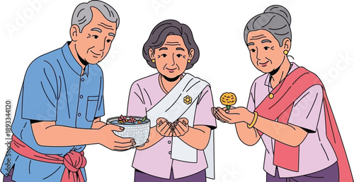 Elderly Individuals Participating in a Traditional Cultural Ceremony with Water and Flower Offerings - Vector Illustration