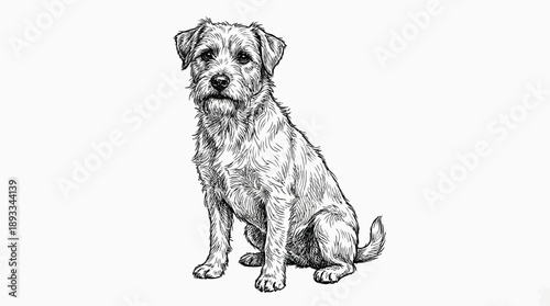 Illustrative Action of a Dog Sitting, Animal Artwork, Studio Setting, Detailed Drawing, Calm Environment, Side Viewpoint