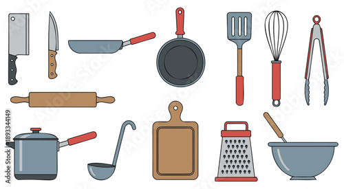 Flat lay kitchen utensils set cooking tools vector illustration isolated white background