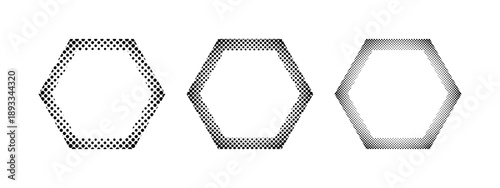 Set of hexagon frames with gradient halftone texture. Geometric shapes with polka dot, pixel or grain borders isolated on white background. Decorative design elements. Vector graphic illustration.