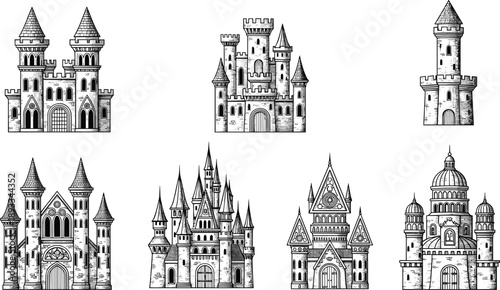 Medieval castle illustration set, fantasy architecture, turret and spire design, historical towers, vector art, white background, detailed building icons