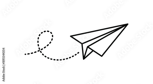 A simple black and white illustration depicts a paper airplane in flight leaving a dotted trail behind it