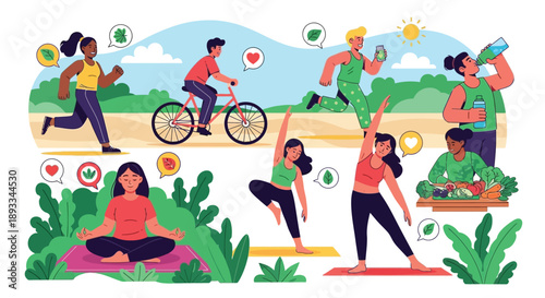 Diverse group of happy people engaging in various healthy outdoor activities promoting fitness wellness and mindful lifestyle choices