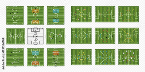 Set of various football soccer fields with different game strategies and player positions.