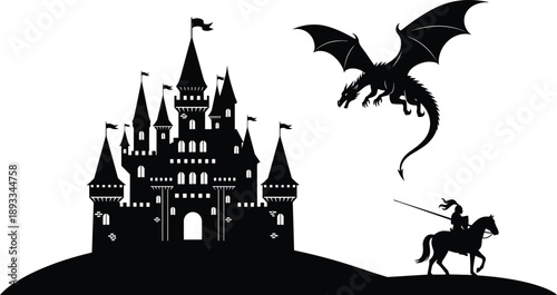 Fantasy battle scene, dragon silhouette, knight on horse, castle towers, medieval illustration, mythical fight, lance, flags, heroism, black and white