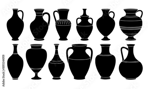 Large collection of ancient Greek amphora silhouettes and antique pottery jar icons perfect for Mediterranean museum exhibits, historical education materials, and classical vase branding.