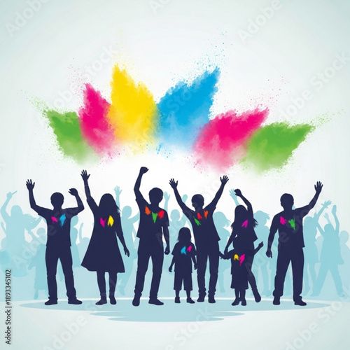 A group of people with colorful hearts standing together and celebrating with arms raised in joy and unity