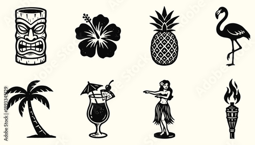 Vintage Tiki Tropical Icons Set - Woodcut Style Hawaiian Illustrations