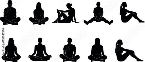 Set of vector black silhouettes of men and women sitting on the floor in various casual, yoga, and deep meditation poses.