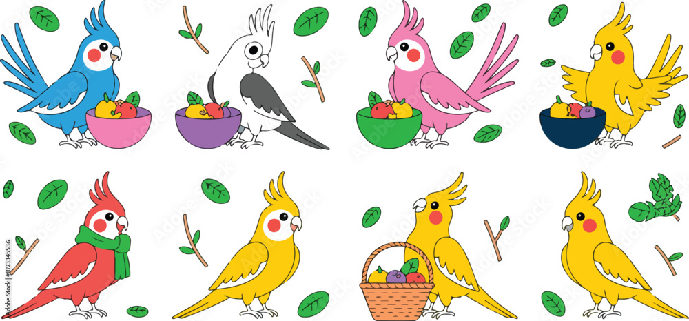 Obraz premium Cute Cockatiel Cartoon Character Vector Set Eating Fruits, Holding Berries, and Sitting Poses