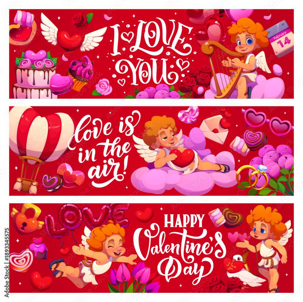 Naklejka premium Valentine day banners with cherubs and cupid angels. Vector greeting cards with Amours romantic personages, hearts, roses, gifts, balloons, desserts, and festive lettering, exude love and celebration