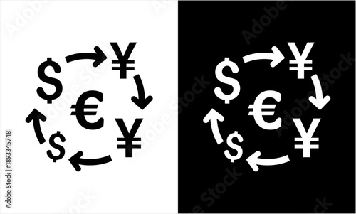 Currency exchange icon with dollar, euro, and yen symbols in a circular arrow flow.