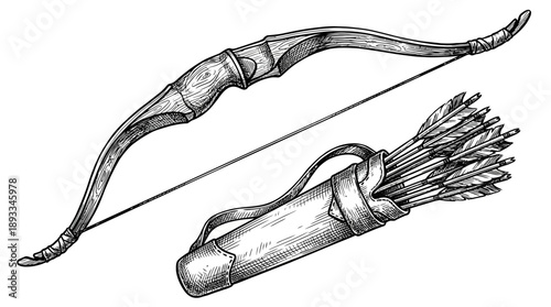 Vintage Bow and Arrows, Indoor Setting, Artistic Illustration, Detailed Craftsmanship