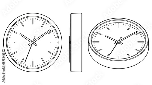 Clock Illustrations, Minimalist Style, Digital Artwork, Modern Environment, Side View, Time Concept