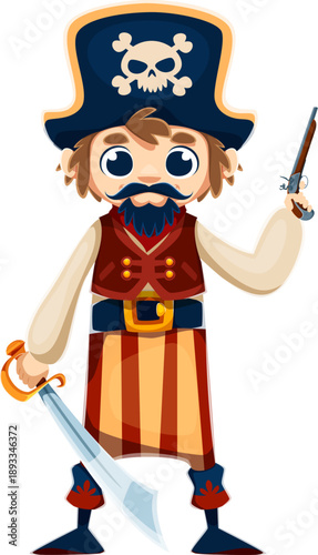Cartoon kid boy corsair and pirate with pistol and saber. Vector young child dressed as rover, fighter, captain and boatswain, skipper and sailor personage featuring beard and tricorn hat with a skull