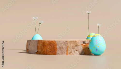 Easter eggs and wood podium for product display on beige background. 3D rendering
