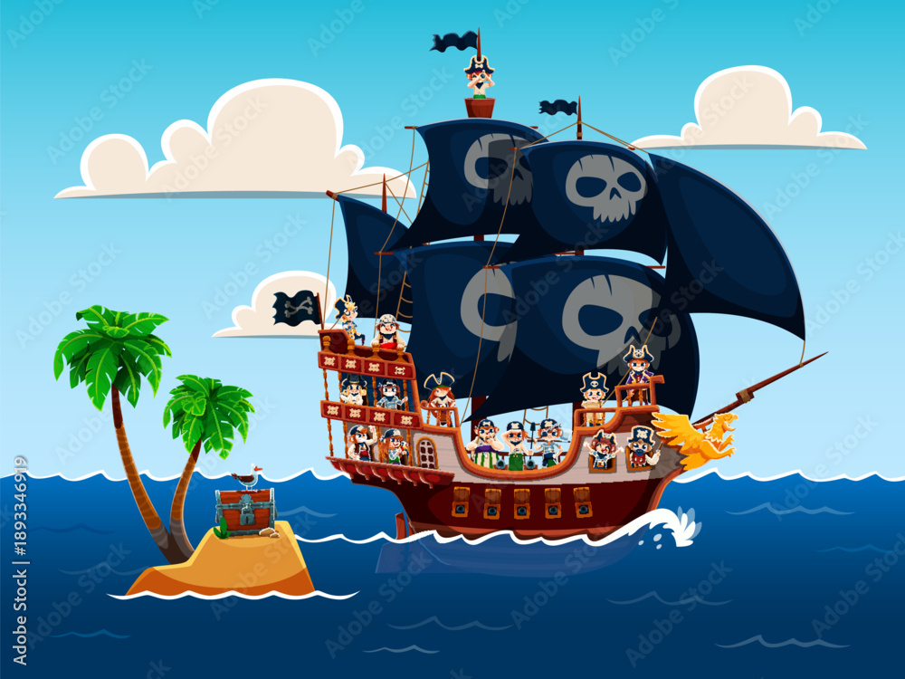 Fototapeta premium Cartoon funny kid pirates characters on sail corsairs ship and secret treasure island with chest and palm tree in sea. Cartoon vector scene of sailors children on frigate board with black skull flag