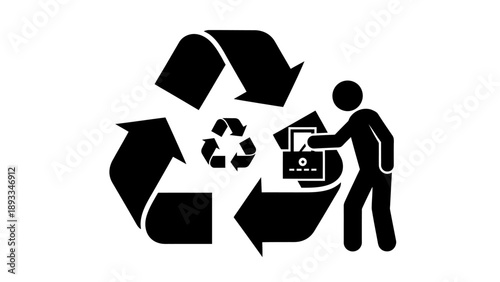 Person recycling electronic waste near a large recycling symbol.