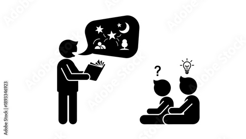 Person reading a story to children with imagination symbols.