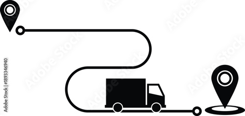 Delivery truck navigating through a route with gps location pins
