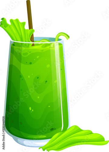 Fresh green vegan smoothie drink in transparent glass with lettuce leaf and straw. Healthy vegan drink isolated on white. Vector green smoothie with celery, kiwi, avocado, spinach, apple and lettuce