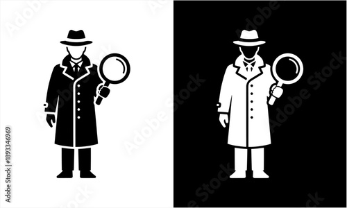 Detective or private investigator holding a magnifying glass in a trench coat and fedora hat.