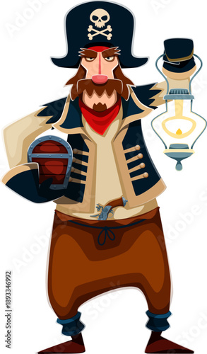Cartoon pirate and corsair character holds glowing lantern and treasure chest. Vector medieval captain, sailor, skipper or boatswain personage in classic pirate attire with tricorn hat and pistol