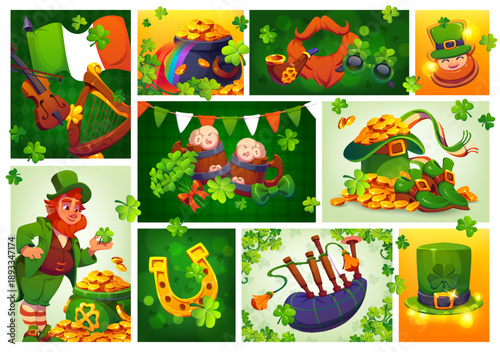 St Patrick s day collage with holiday attributes. Irish culture cartoon vector background, Saint Patrick day party objects. Ireland flag, leprechaun character, clover shamrock leaves and golden coins