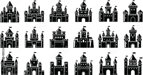 Castle silhouettes, medieval architecture, fantasy towers, fortress icons, black vector, turrets, flags, gates, battlements, white background, graphic set