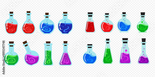 Set of colorful magic potions in glass bottles with corks, isolated on transparent background.