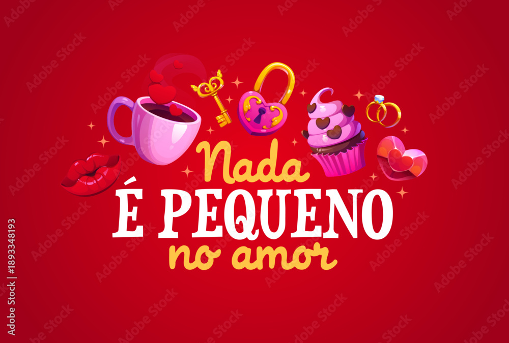 Fototapeta premium Nada e pequeno no amor, Happy Valentine Day spanish greeting card, vector romantic holiday. Cartoon coffee cup and cake with love hearts, wedding rings, lock and key, Valentine Day greeting card